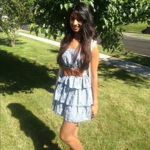 Blue floral strapless dress with belt